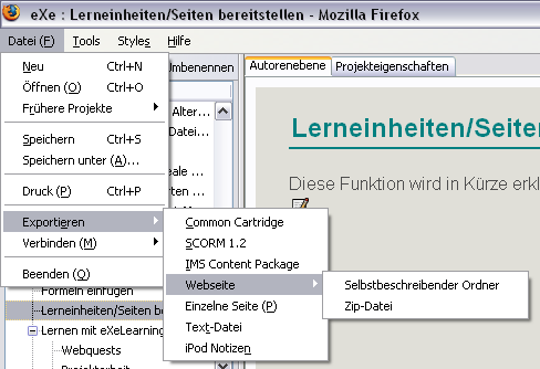 Export-functions in eXeLearning