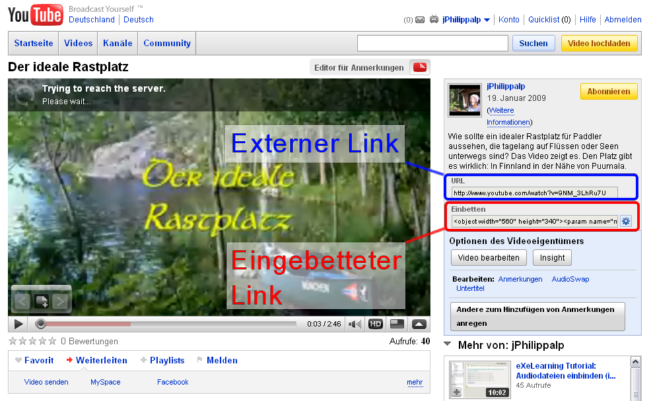 Ausschnitt einer Youtube-Seite mit Kennzeichnung des externen und eingebetteten Links